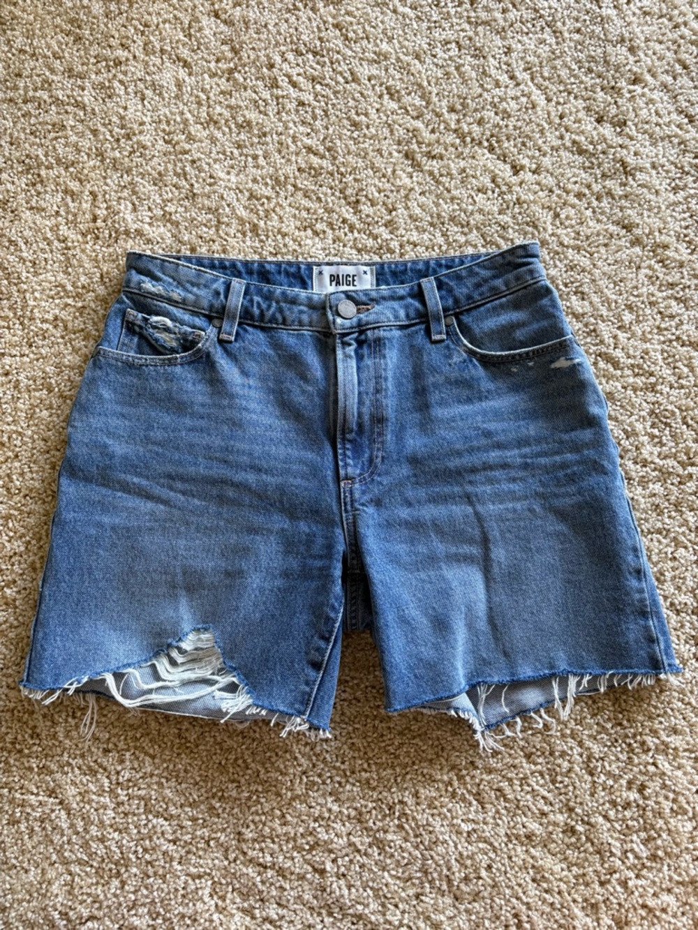 PAIGE Blue Distressed Denim Jean Shorts